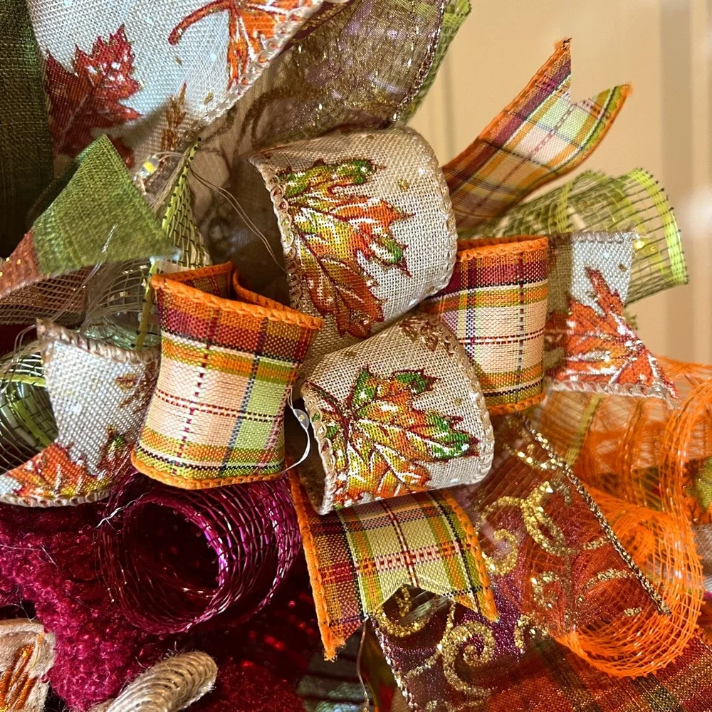Autum Fall Ribbon Wreath Thankful Gnome Handmade 22 in’s. #W3
